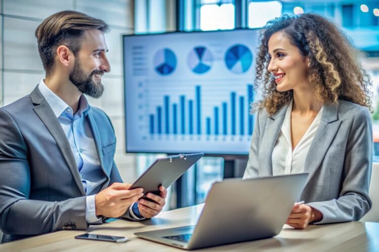 Businesspeople discussing data on laptop and tablet in an office.