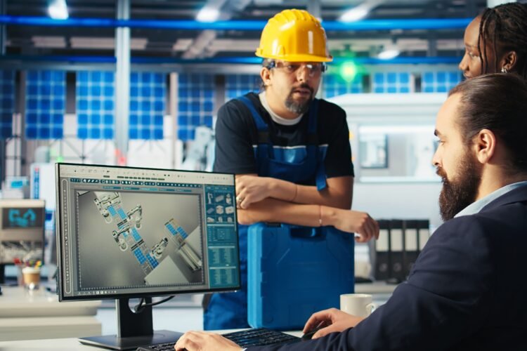 Photovoltaics factory manager gives task to worker after monitoring system performance. Solar panels manufacturing plant supervisor sends engineer to improve energy production and efficiency, camera A